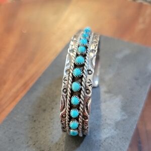Native American Sterling Sleeping Beauty Turguoise Single Row Stamped Bracelet